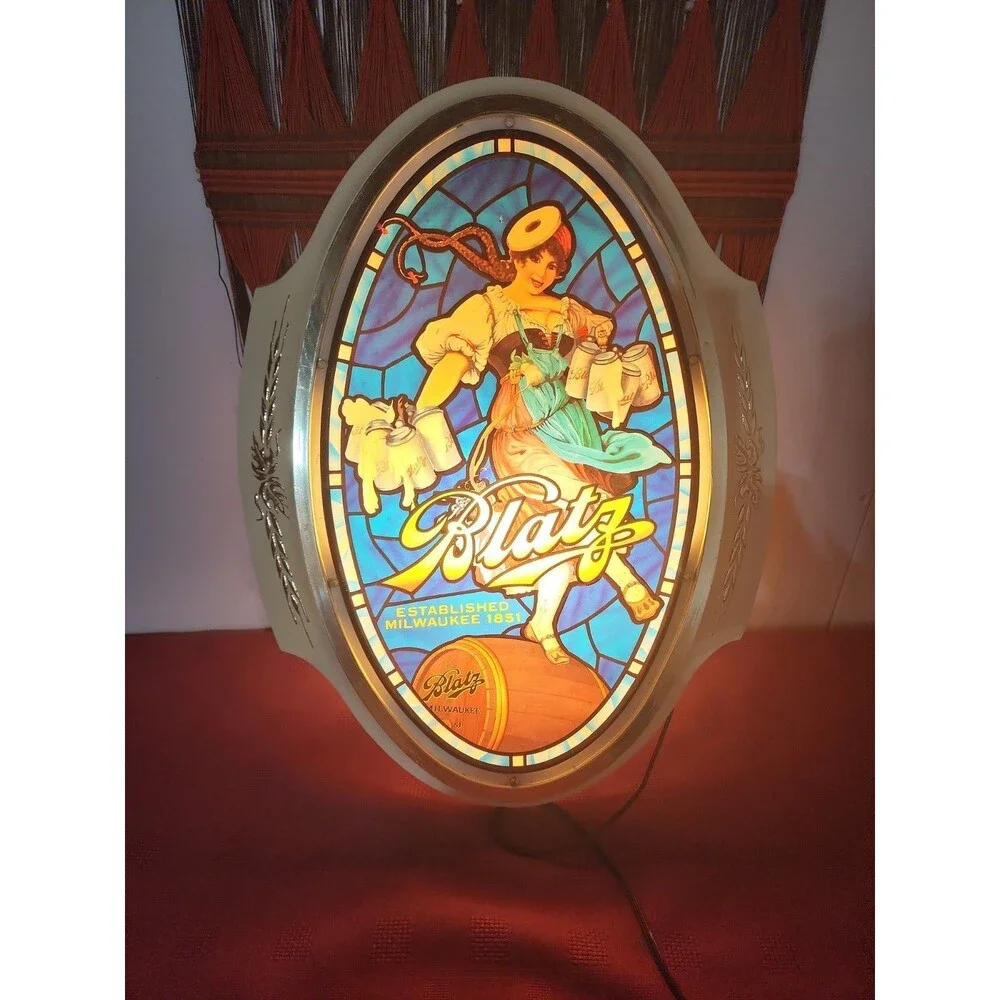VTG 1960s Blatz Beer Sign Lighted Valerie The Barmaid Faux Stained Glass Working